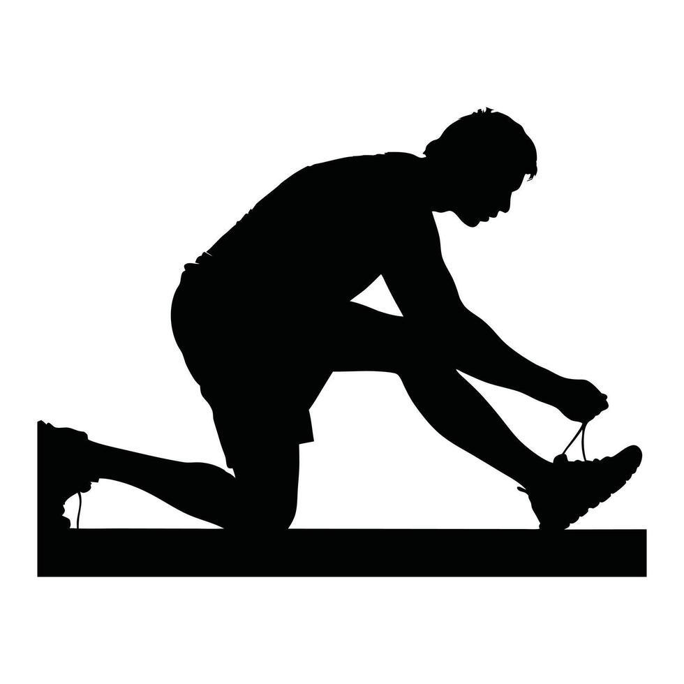 Runner Silhouette Front. A detailed silhouette of a runner tying shoelaces on one knee vector