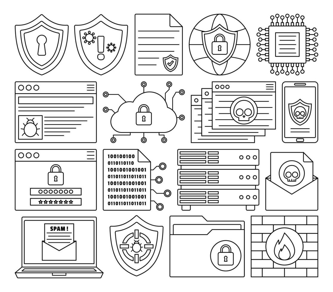 Internet Cyber Security and Privacy Outline Icons Illustration Collection vector