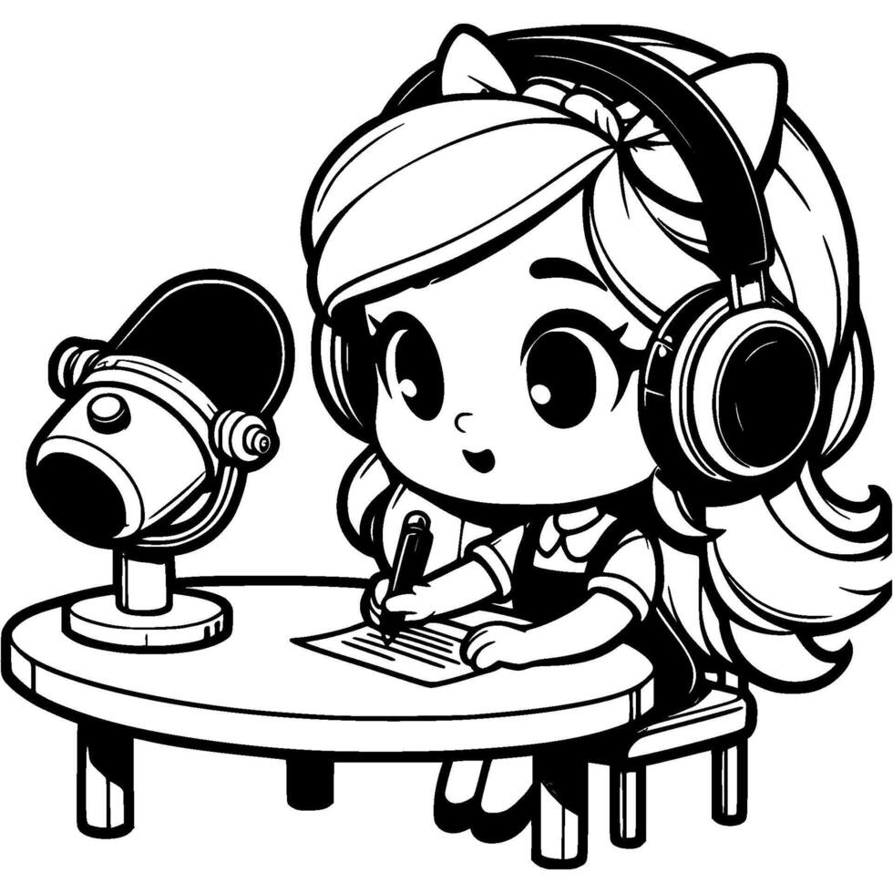 Female radio host takes questions from radio listeners in studio in monochrome. Simple minimalistic in black ink drawing on white background vector