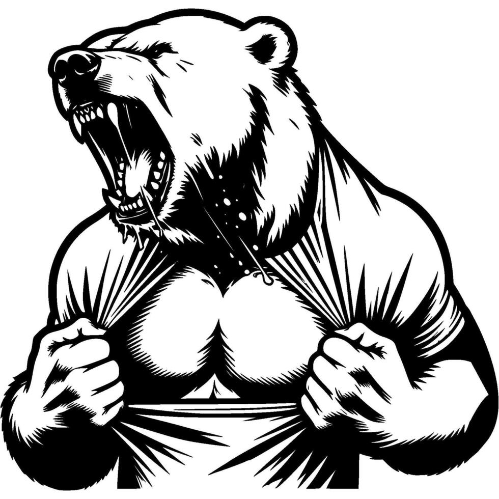 Boss white polar bear rips shirt at chest in rage in monochrome. Wild bear animal in human form roars in madness. Tattoo minimalistic in black ink drawing on white background vector