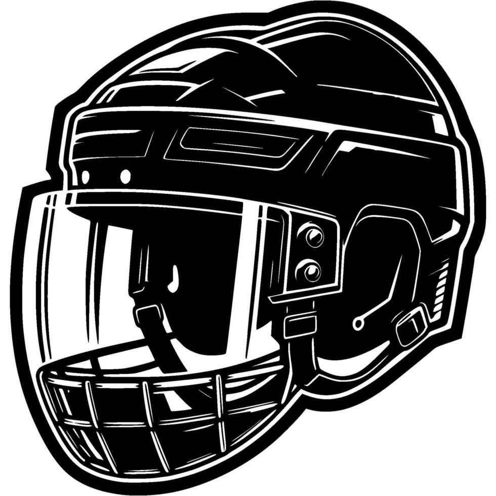 Protective hockey helmet with white visor and mesh grille for chin protection in monochrome. Simple minimalistic in black ink drawing on white background vector