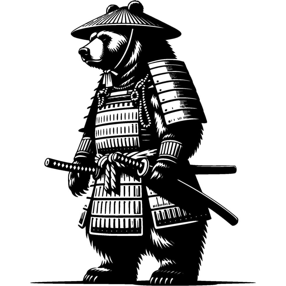 Samurai warrior in armor grizzly stands in fighting stance with katana sword in monochrome. Wild bear animal. Tattoo minimalistic in black ink drawing on white background vector
