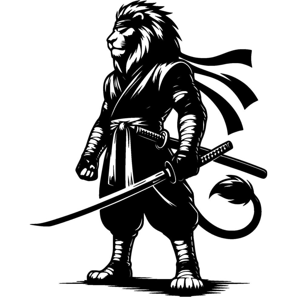 Ninja fighter lion armed with katana sword in fighting stance in monochrome. Wild Leo animal warrior. Tattoo minimalistic in black ink drawing on white background vector