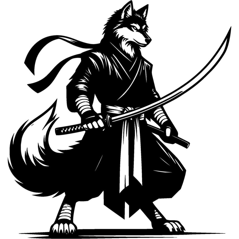 Ninja fighter wolf armed with katana sword in fighting stance in monochrome. Wild werewolf animal warrior. Tattoo minimalistic in black ink drawing on white background vector