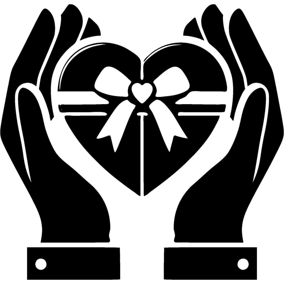 Hands of lover is given Valentine Day gift box in shape of heart tied with bow in monochrome. Simple minimalistic in black ink drawing on white background vector