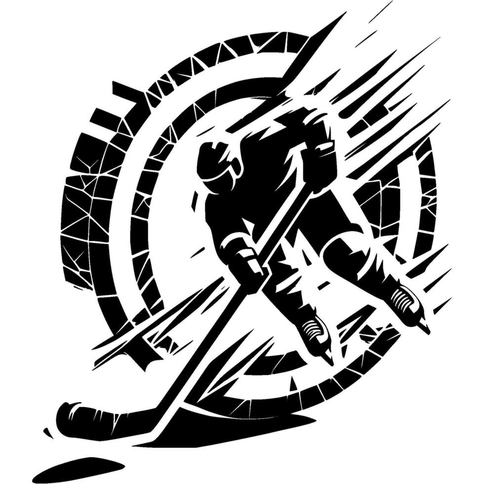 Silhouette of hockey player and hockey pucks arranged in a mosaic of ice pieces in monochrome. Simple minimalistic in black ink drawing on white background vector