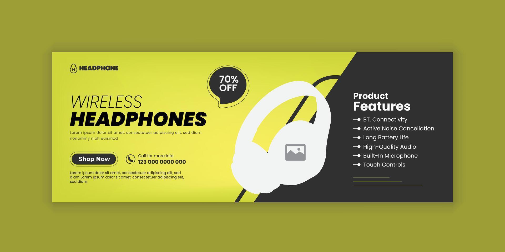New headphone product marketing social media cover banner design and Cyber Monday sale realistic banner design template vector