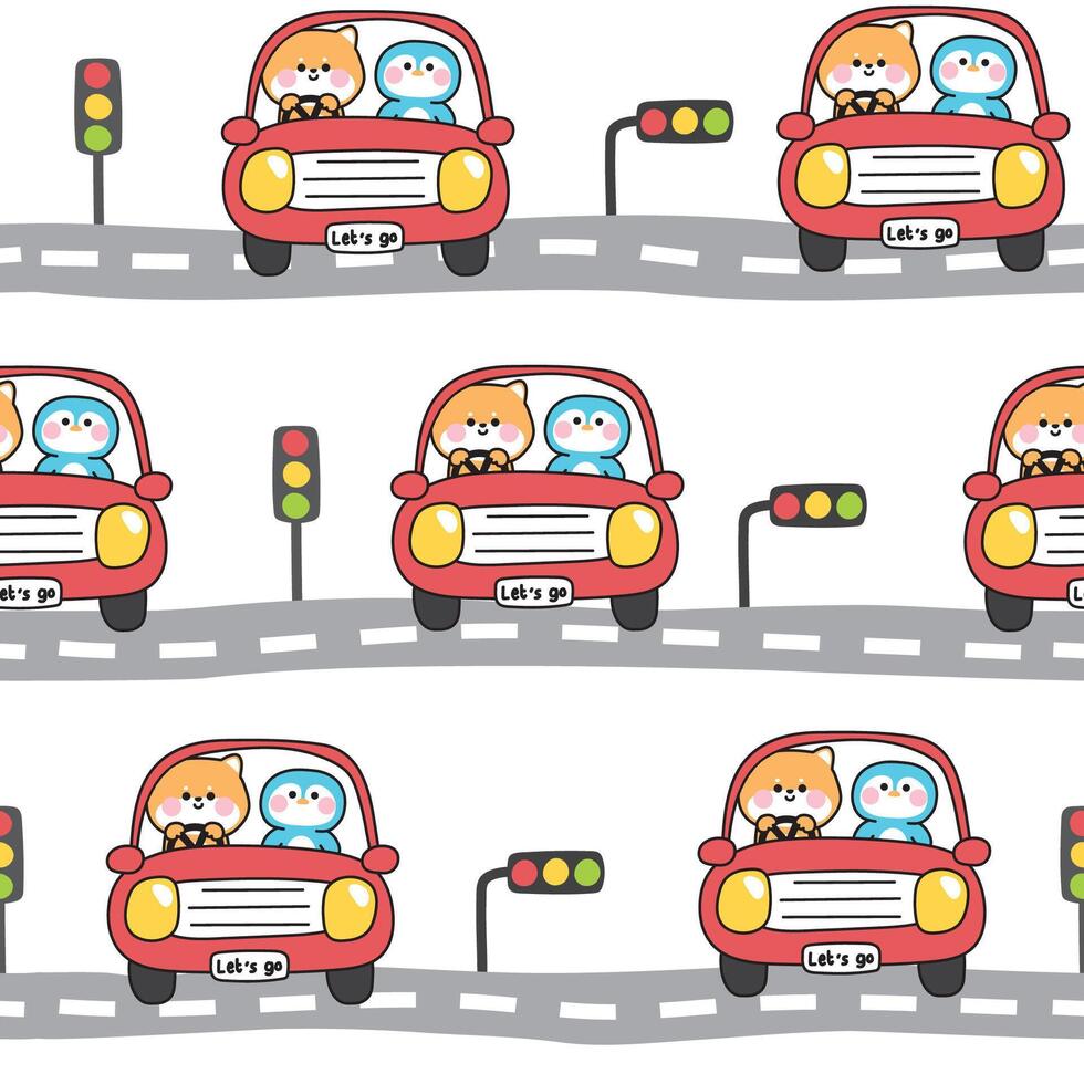 Seamless pattern of cute shiba inu dog with penguin drive car on the road background.Vehicle.Traffic.Japanese pet and bird animal character cartoon.Kawaii.Illustration. vector