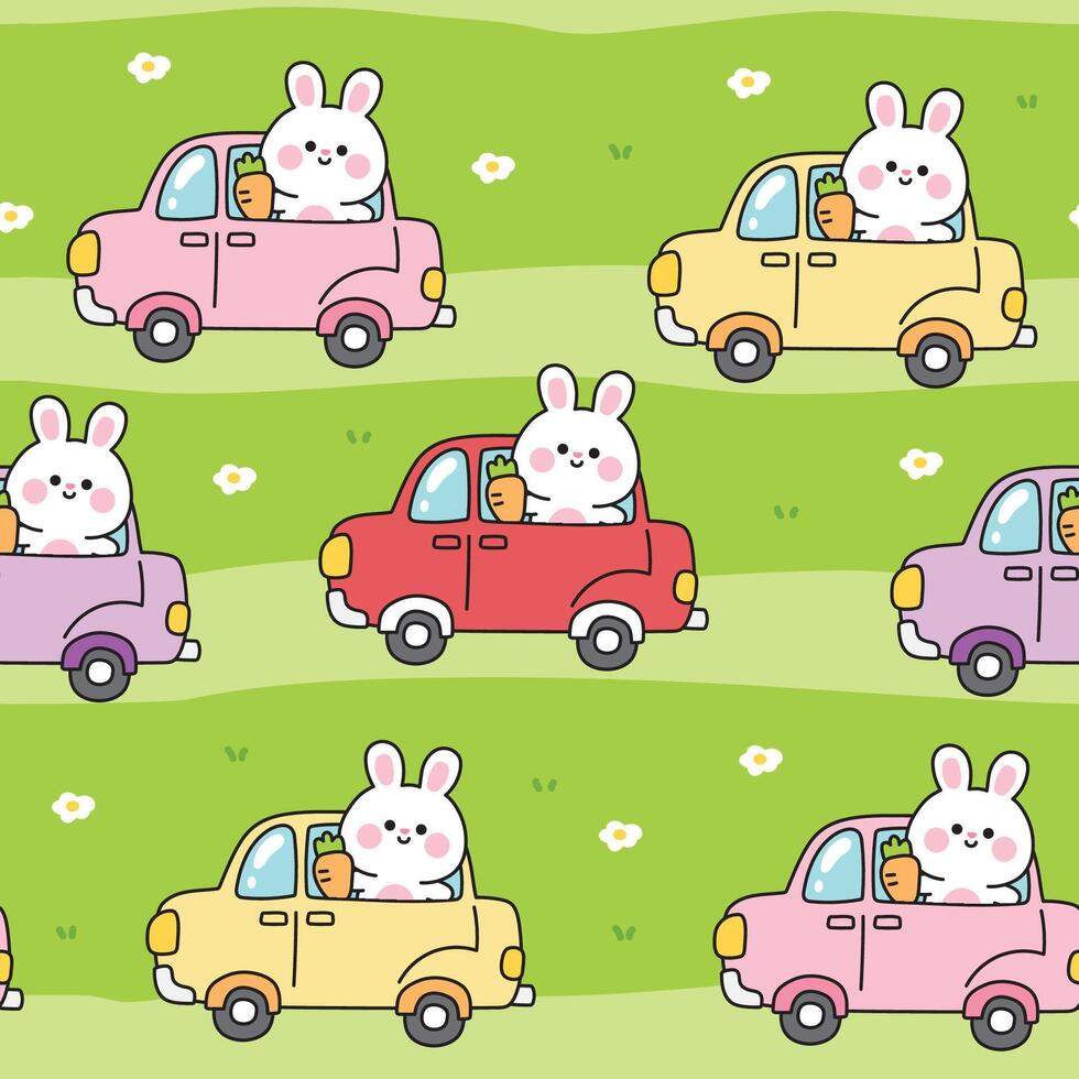 Seamless pattern of cute rabbit bunny with carrot stay on car jungle grass flower background.Vehicle.Rodent animal character cartoon hand drawn design.Kawaii.Illustration. vector