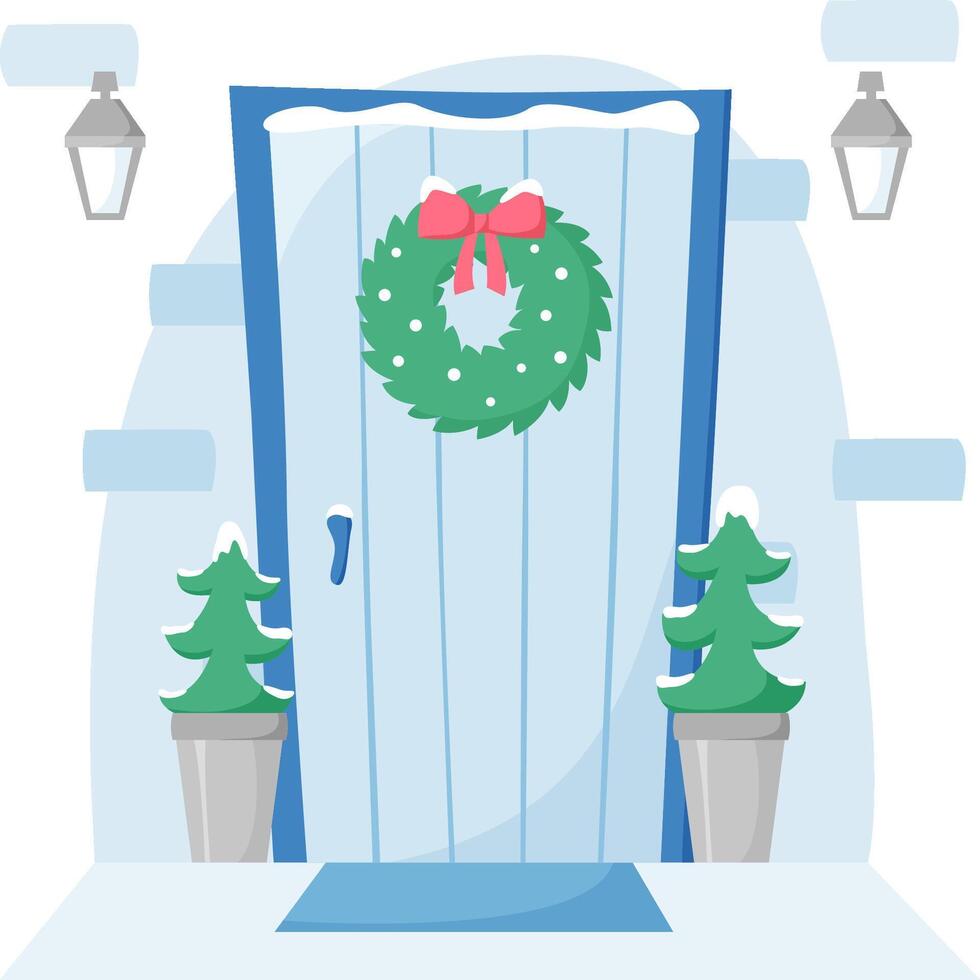 Front door with wreath decoration, entrance with lanterns and Christmas trees in pots in snow, winter illustration in flat style vector