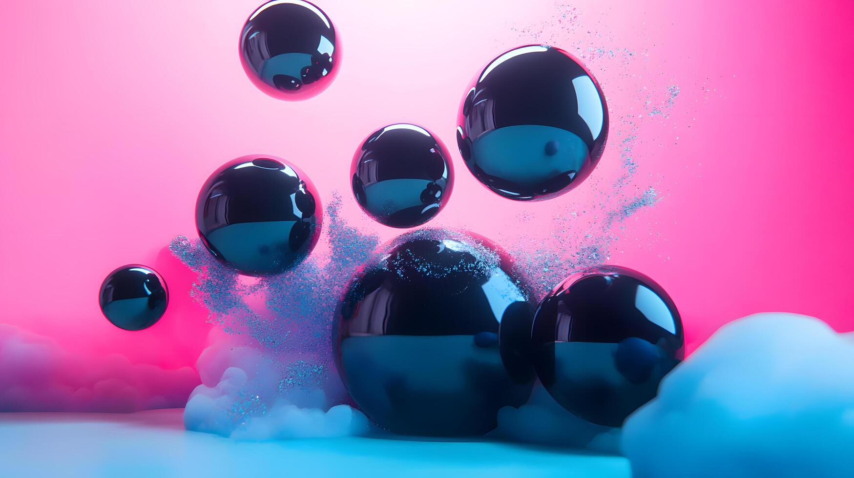 A series of shiny, metallic spheres are floating in the air photo