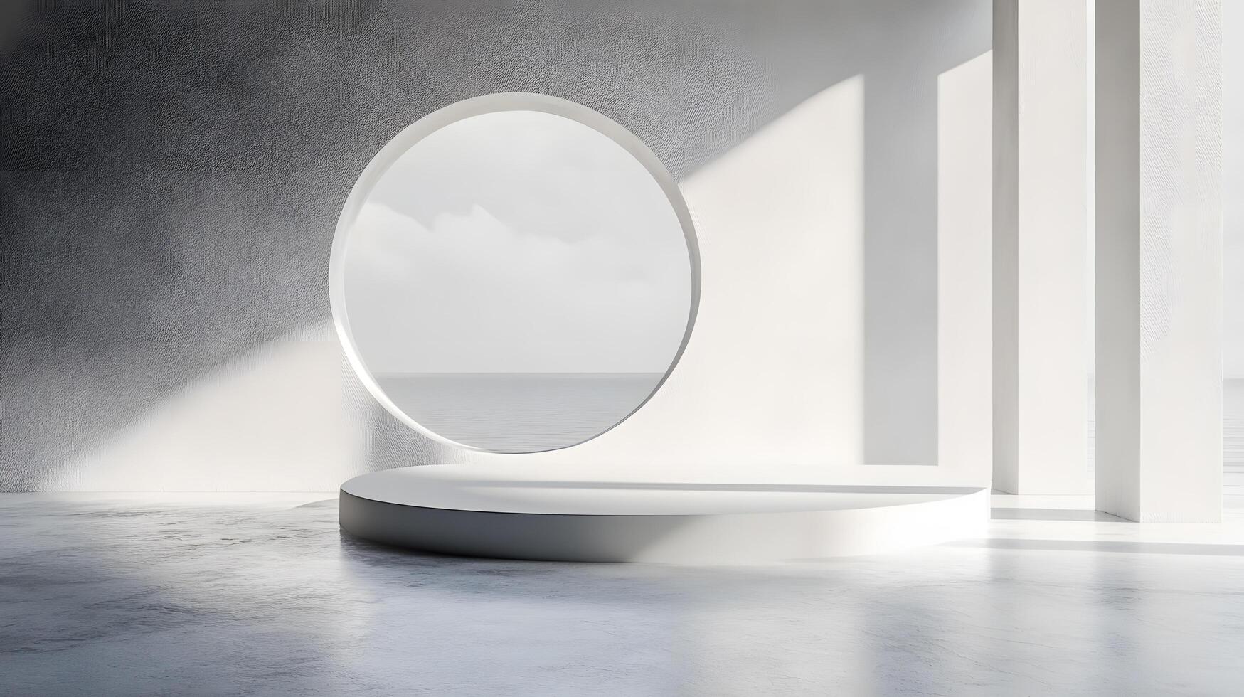 A white room with a large circular window overlooking the ocean photo