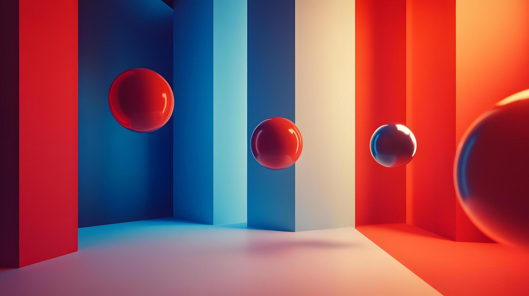 A room with three red spheres and two blue spheres photo