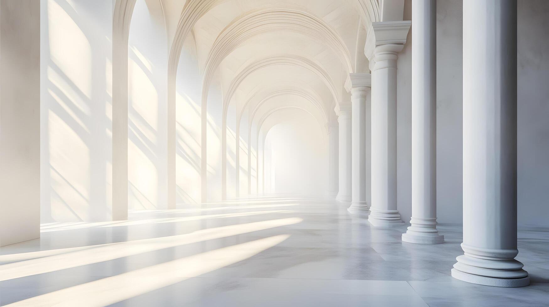 A large, empty room with white pillars and a lot of light photo
