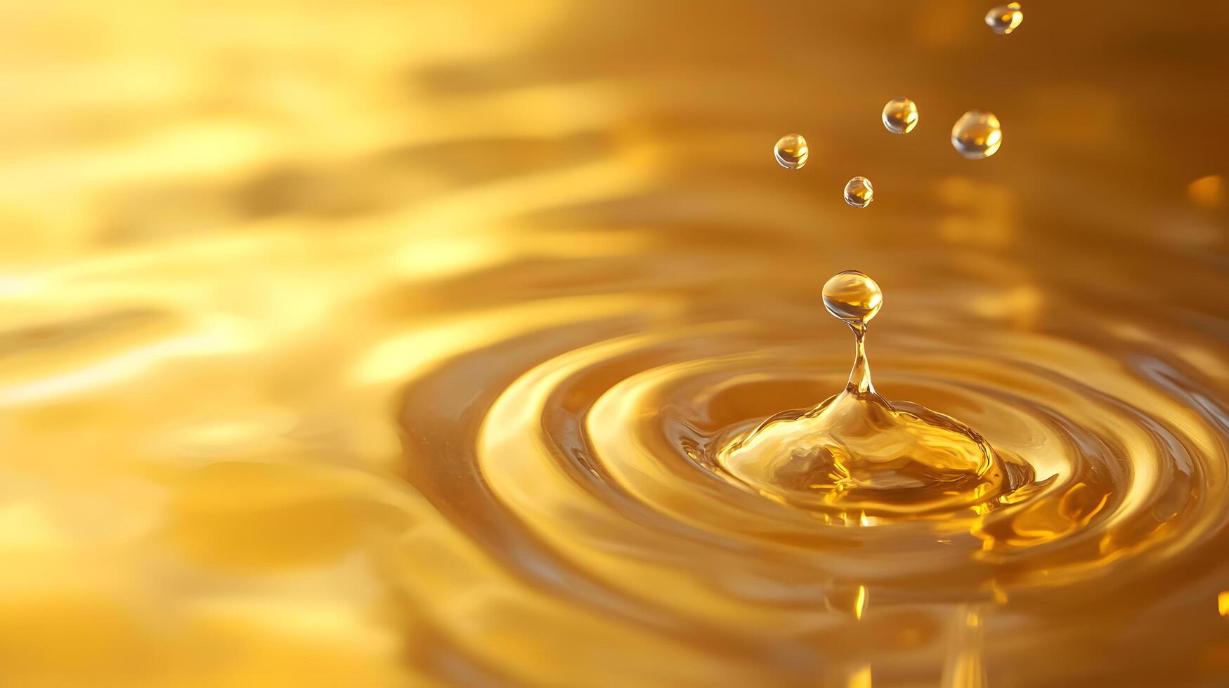 A drop of water falls into a pool of golden liquid photo