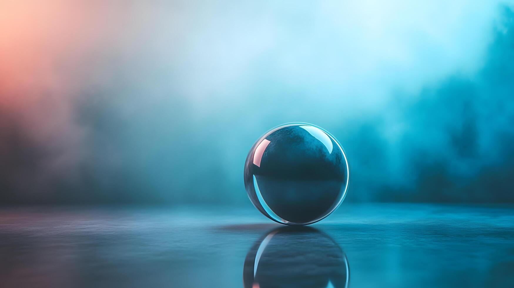A shiny, reflective ball sits on a wet surface photo