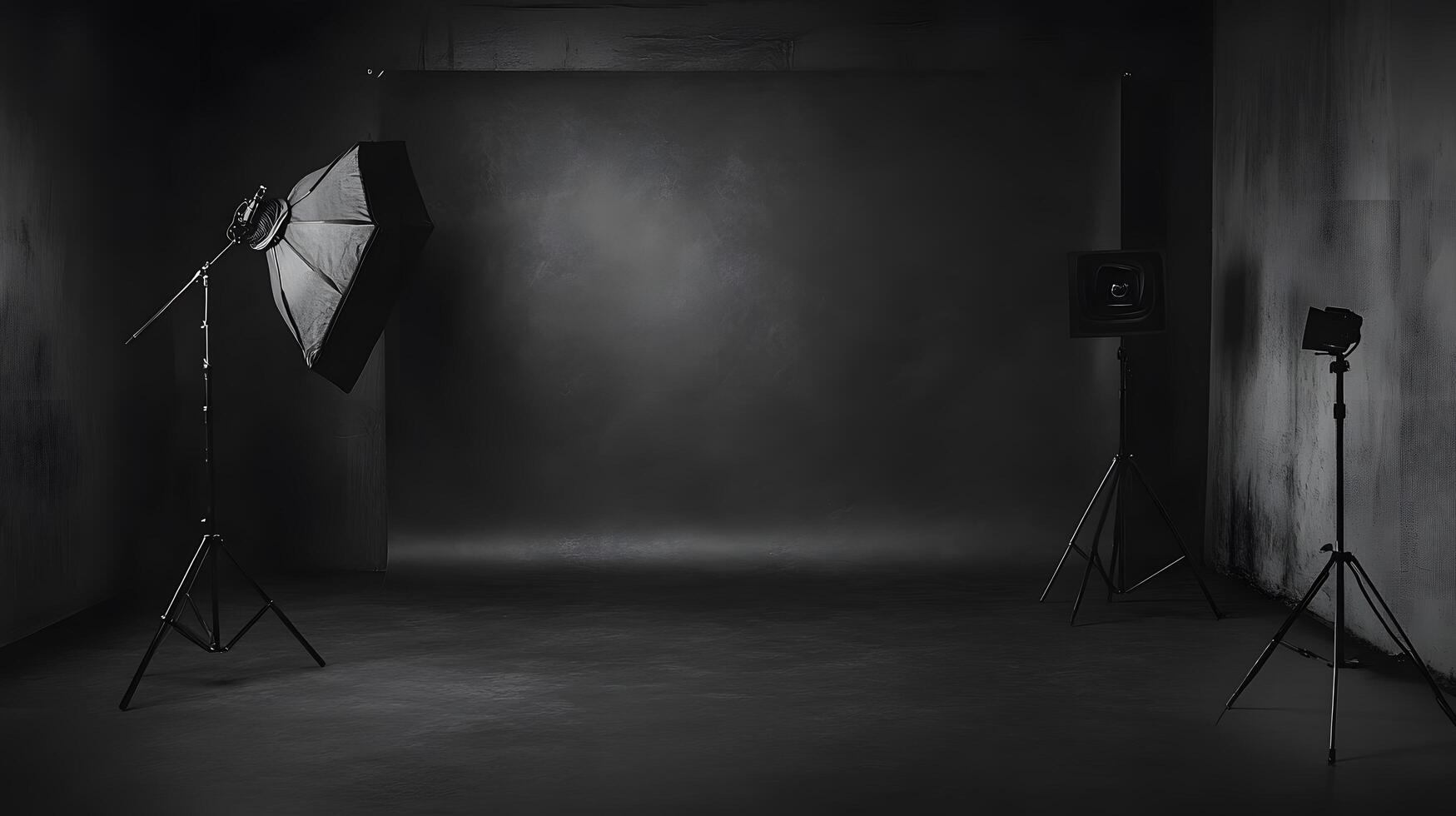 A black and white photo of a studio with three lighting stands