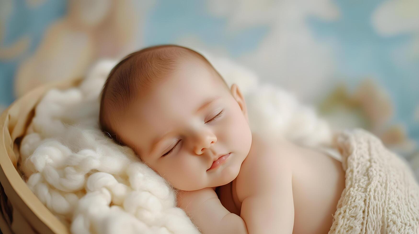 A baby is sleeping in a basket with a white blanket photo