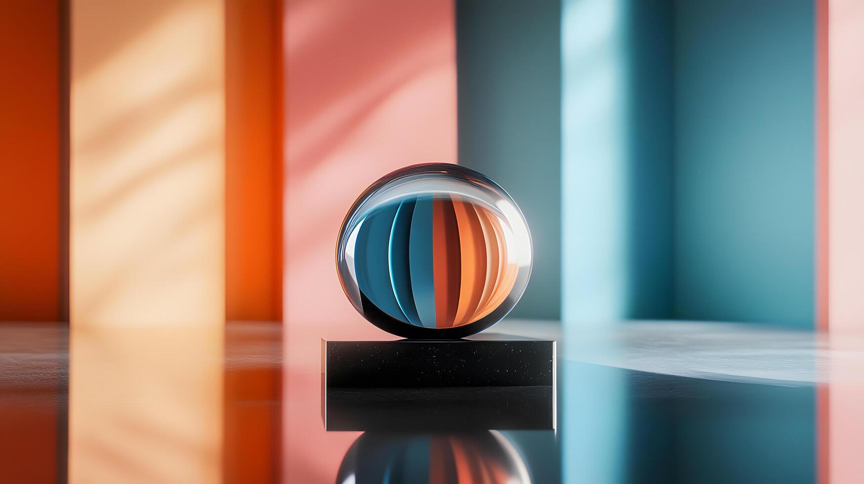 A colorful sphere sits on a black pedestal in a room with colorful walls photo