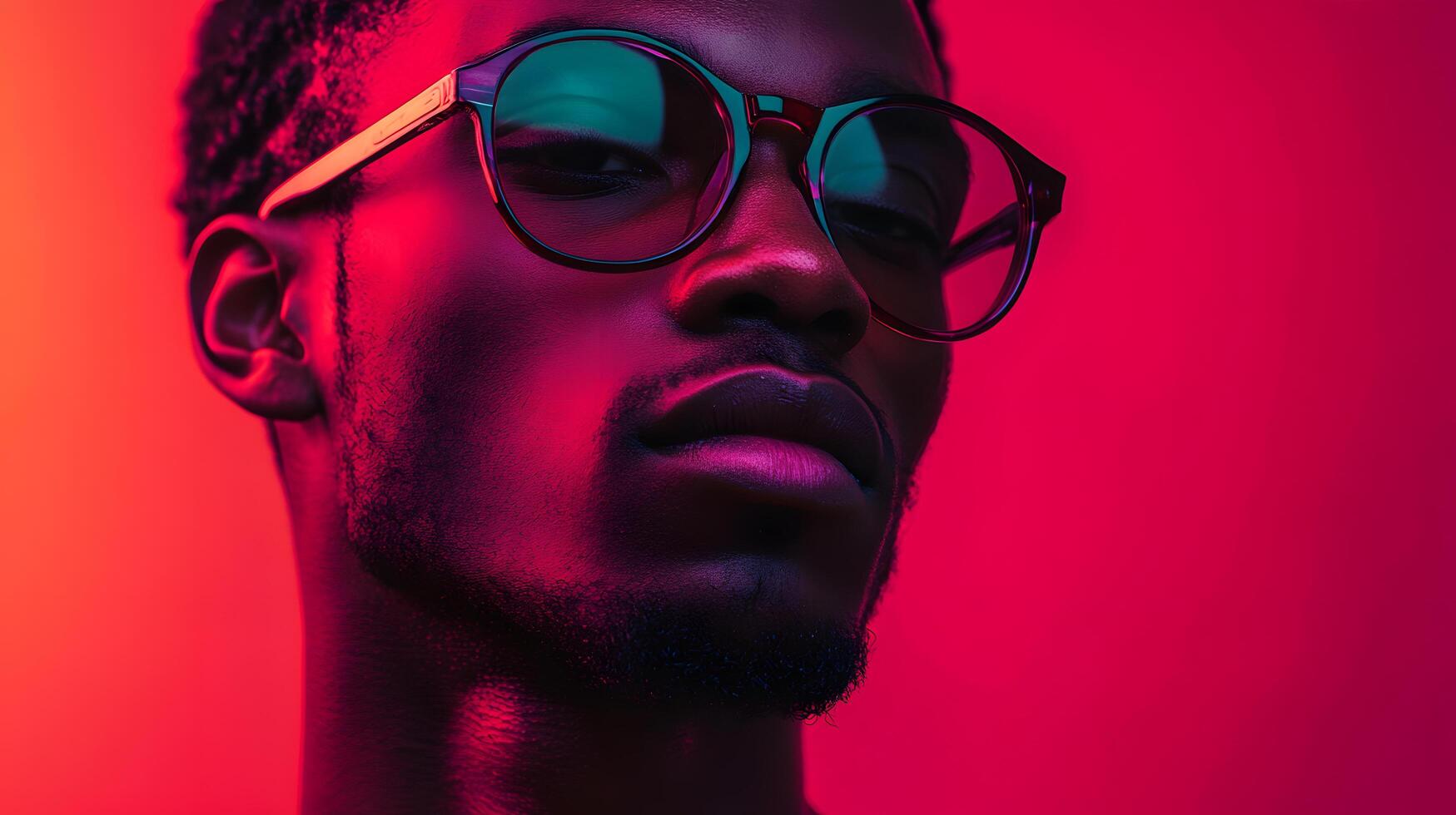 A man with glasses is standing in front of a red background photo