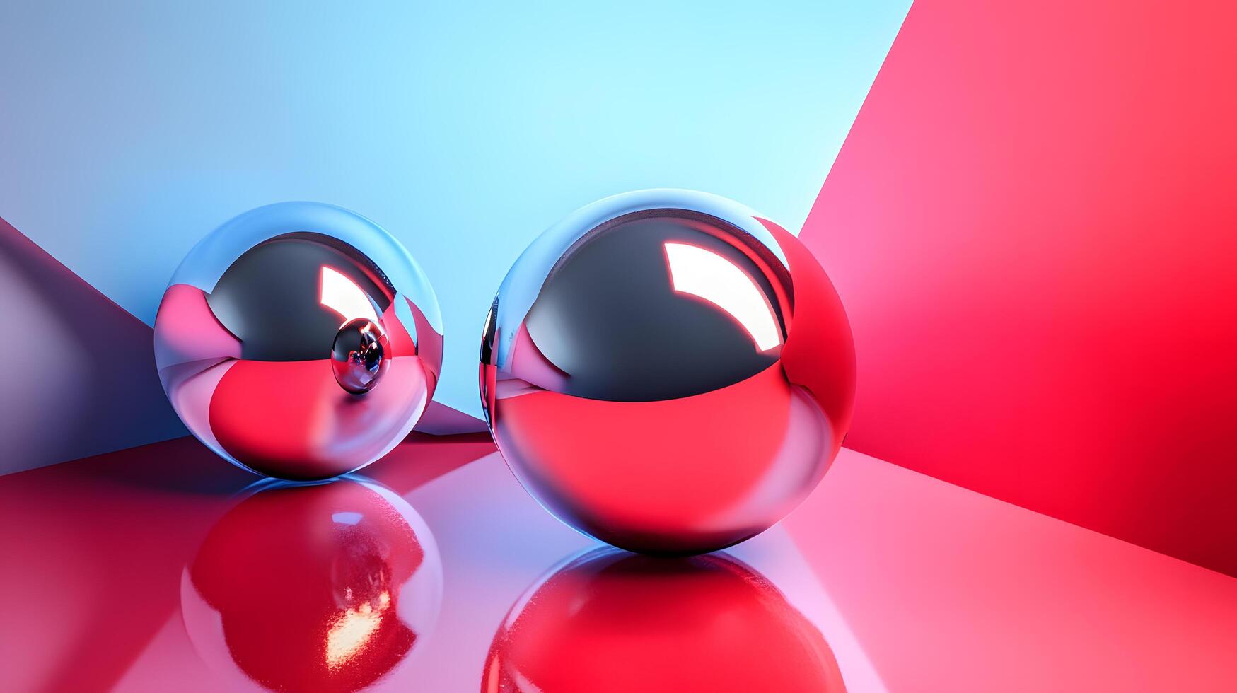 Two shiny silver spheres are reflected in a red background photo