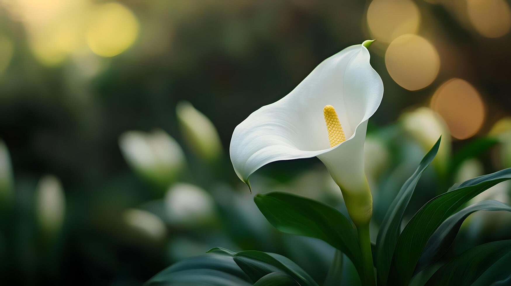 A white flower with a yellow center is the main focus of the image photo