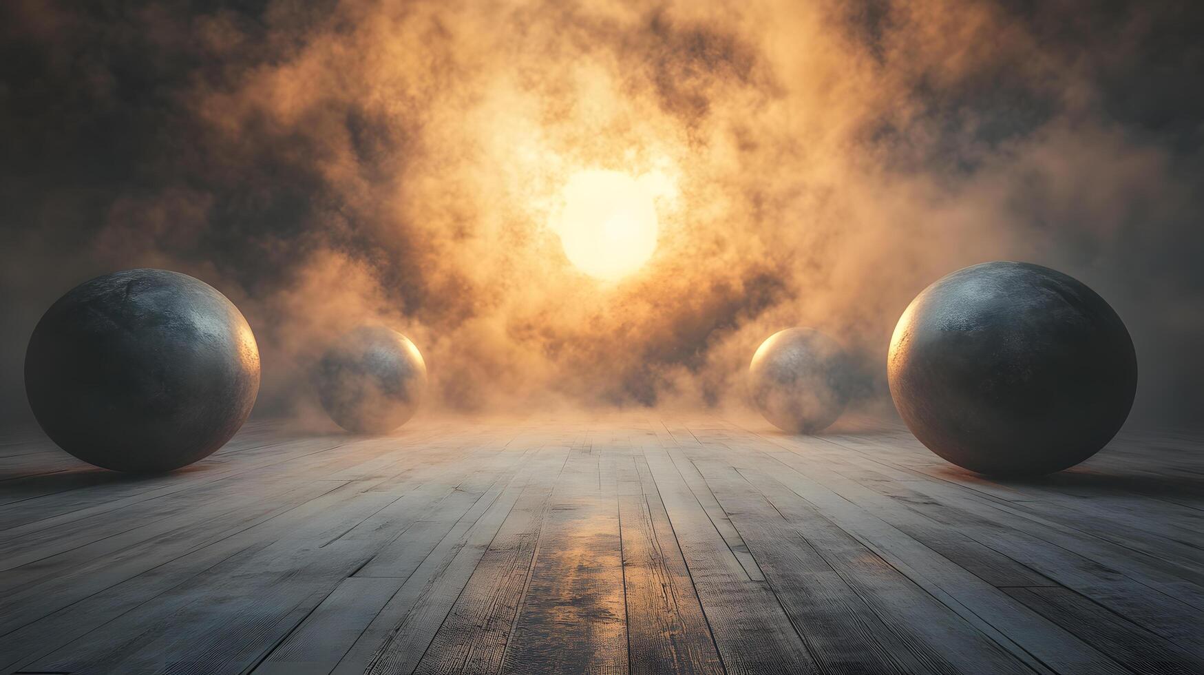 A scene of three large spheres in a foggy photo