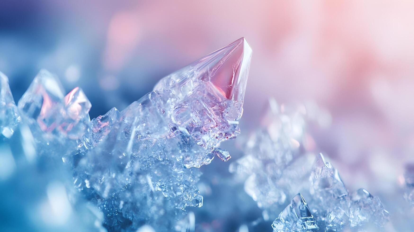 A crystal formation is shown in a blue and pink background photo