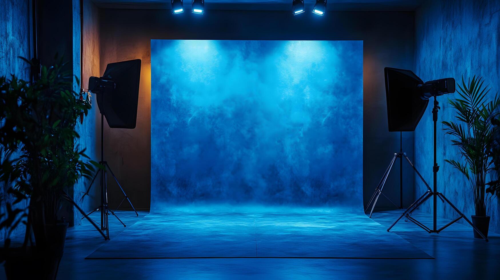 A blue room with two lights and a green plant photo