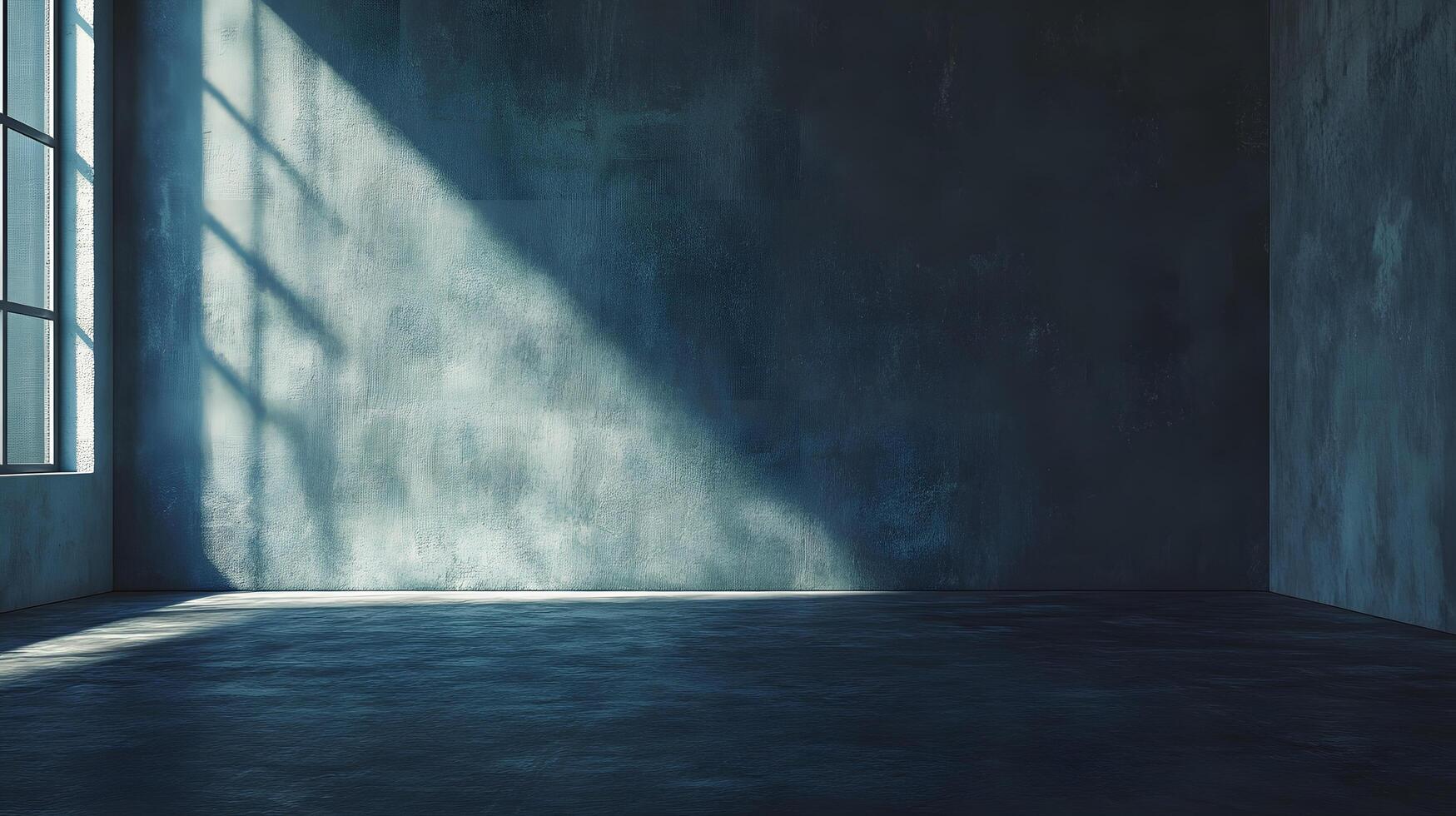 A large empty room with a window and a wall photo