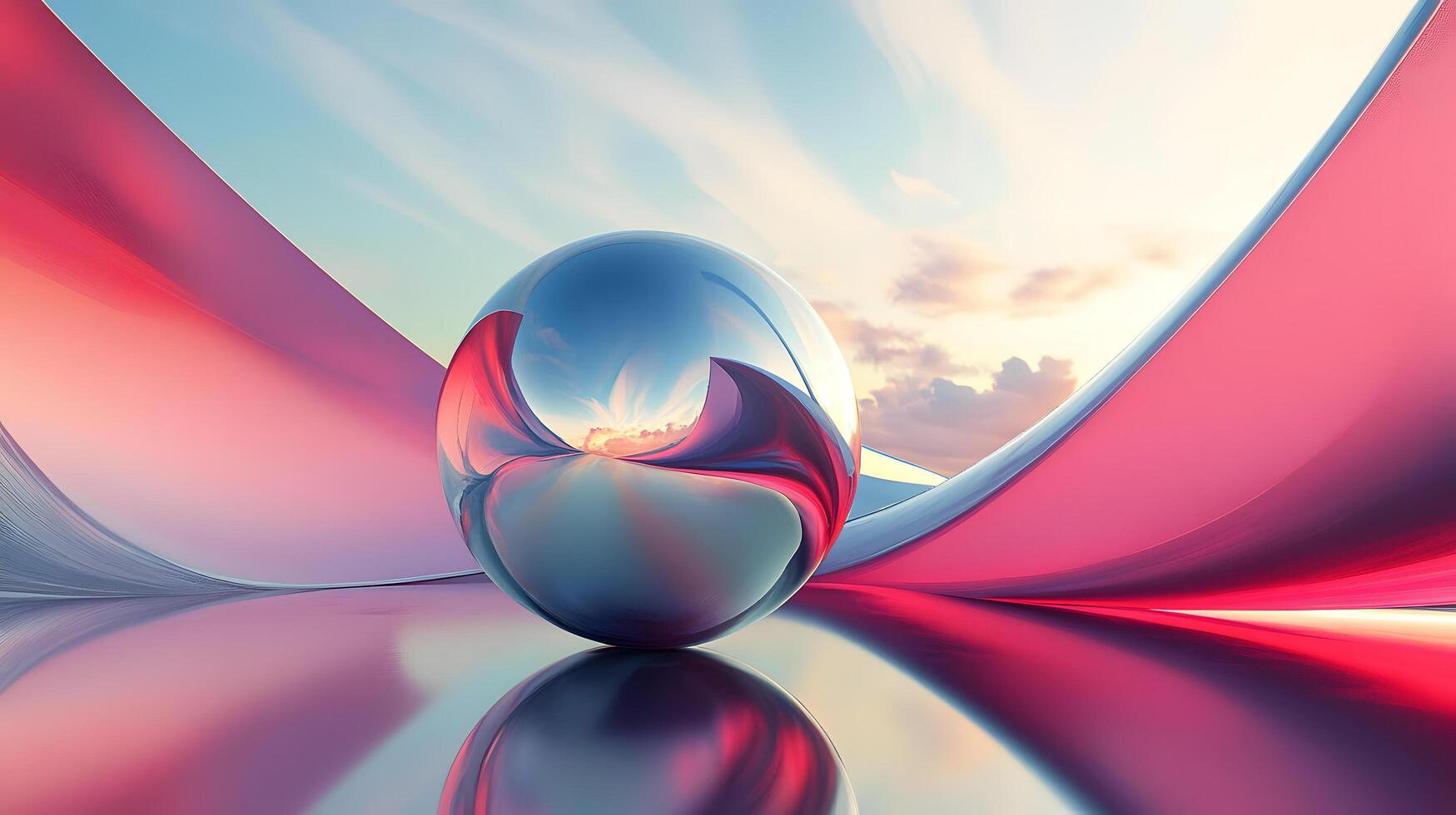 A large, shiny, silver sphere is reflected in the water photo