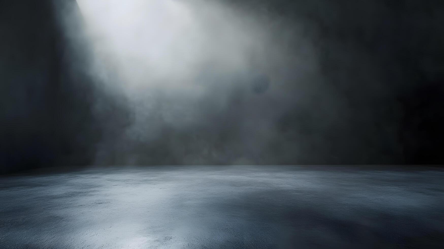 A dark room with a large light shining on a floor photo