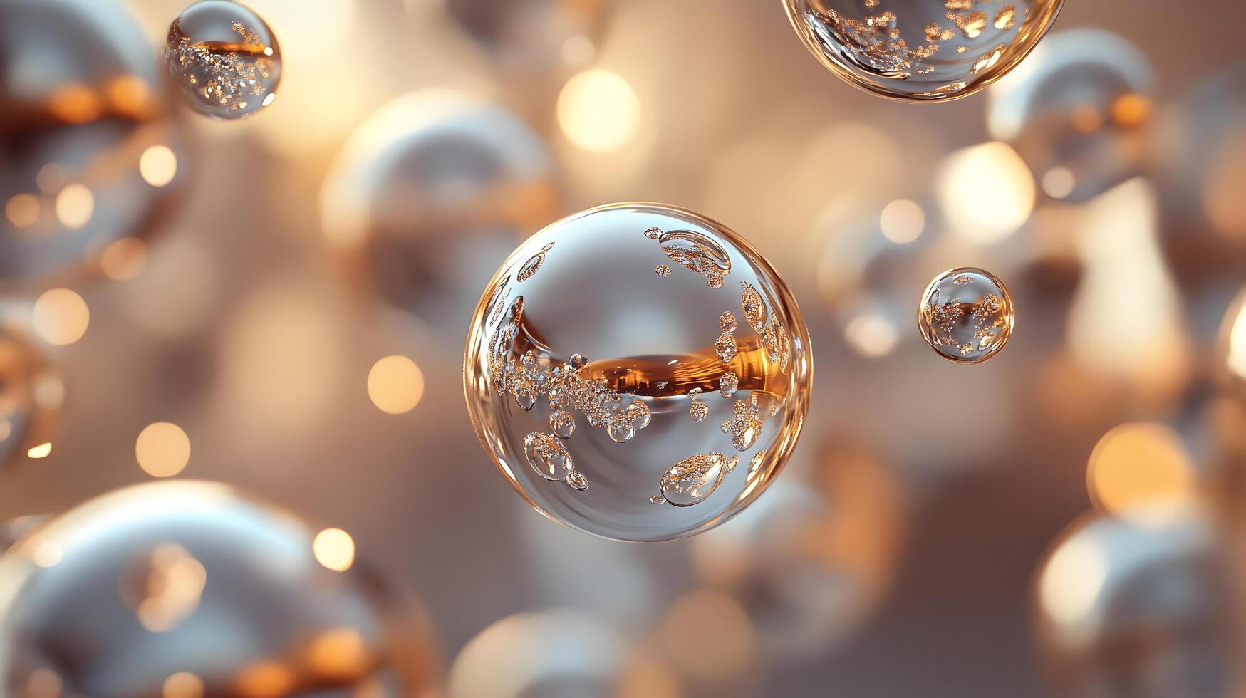 A series of shiny, reflective spheres floating in the air photo