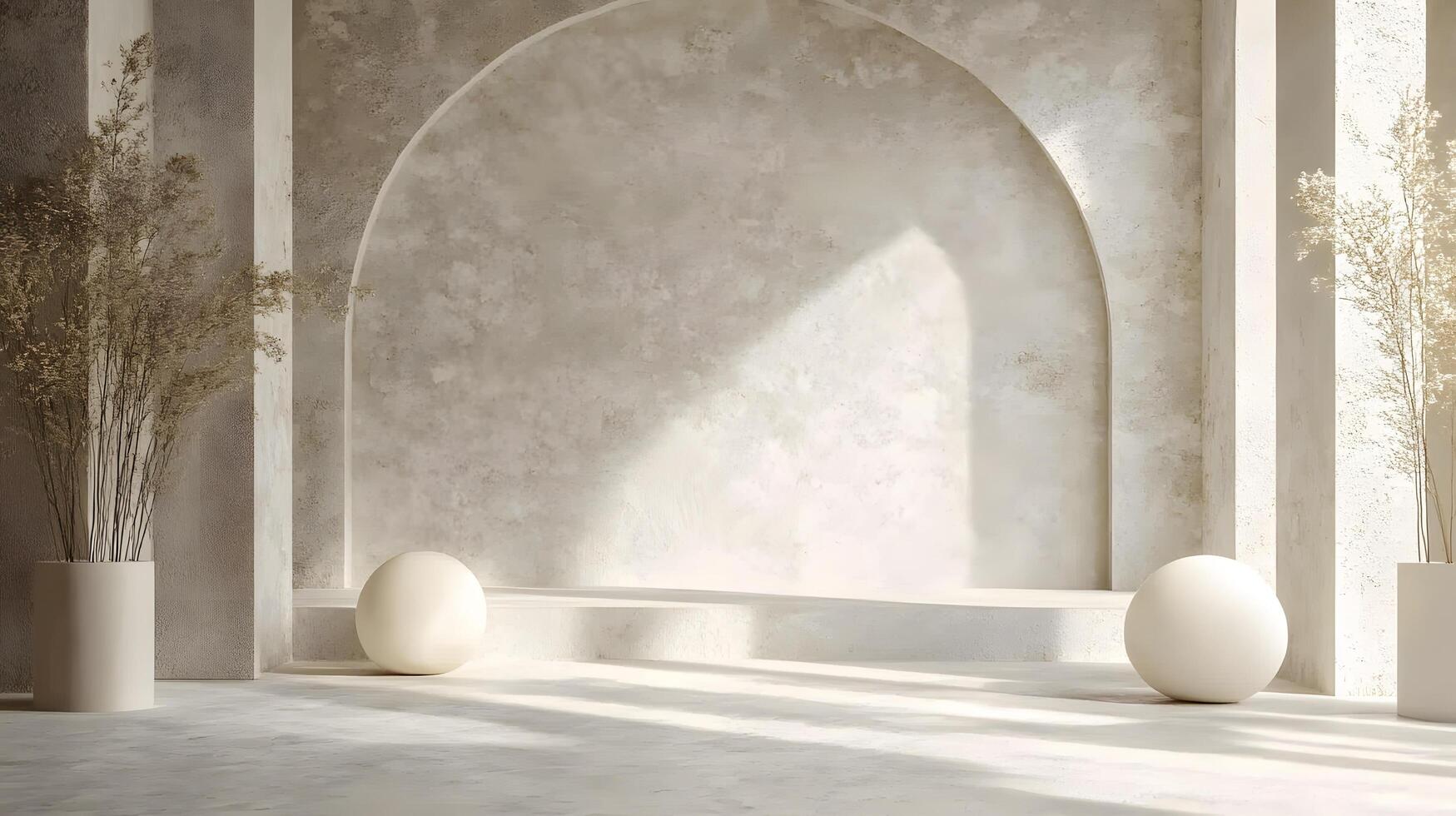 A white room with a large archway and two white spheres photo