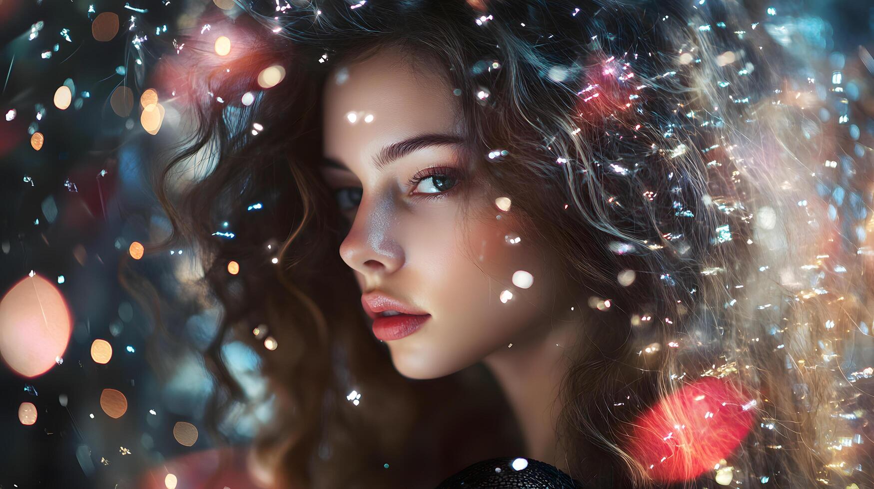 A woman with long hair is standing in front of a blurry background photo