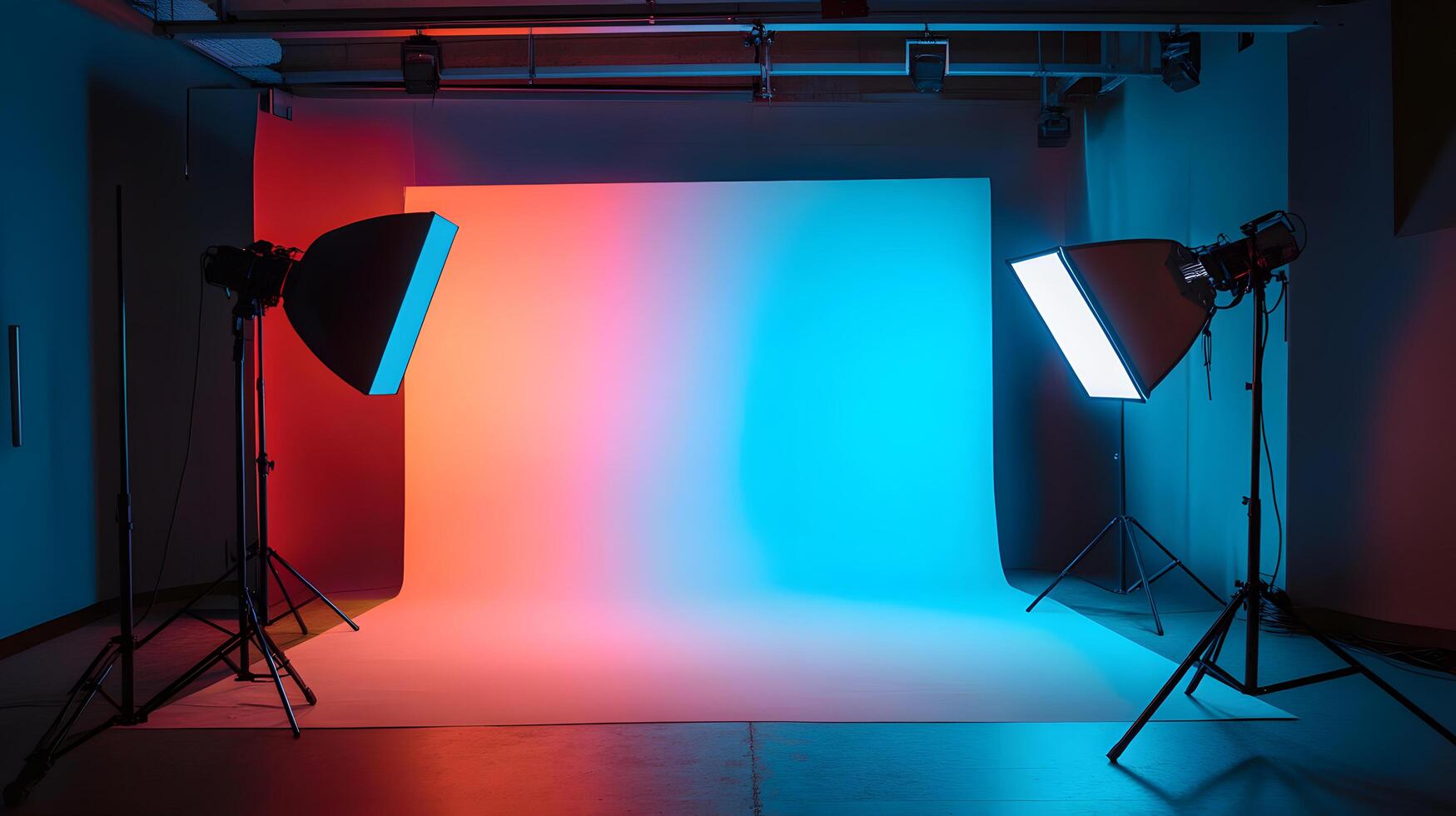 A studio with two lights on a blue wall photo