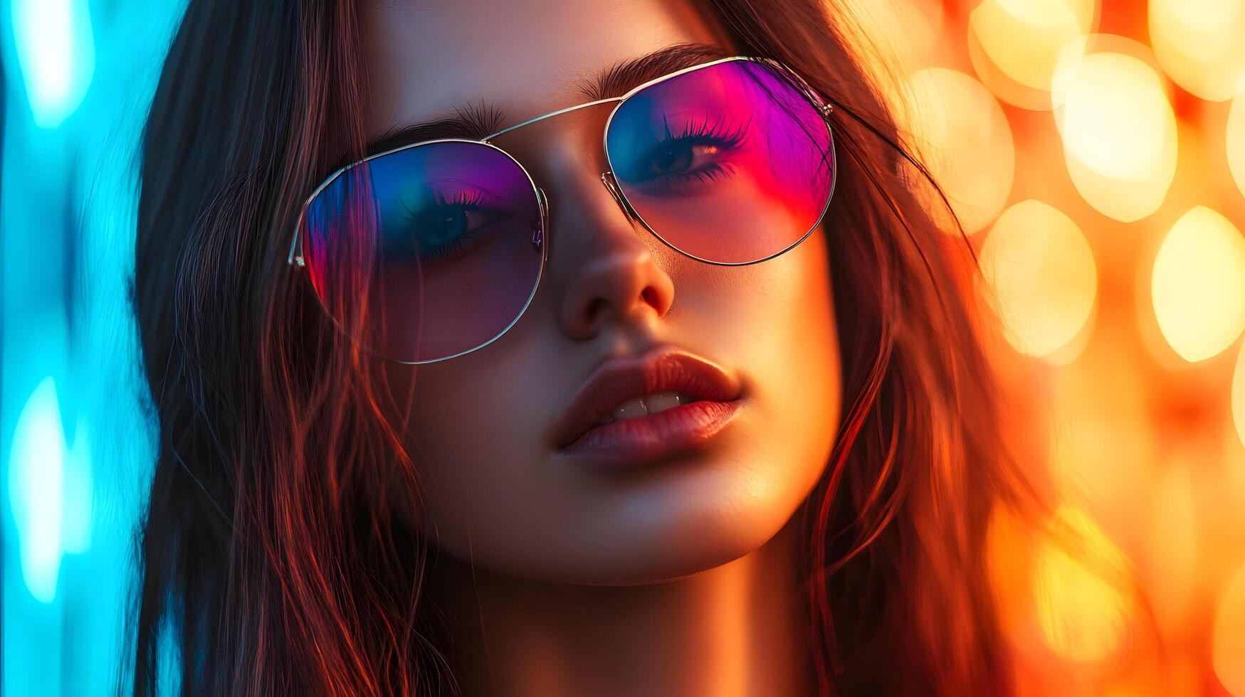 A woman with purple sunglasses is the main focus of the image photo