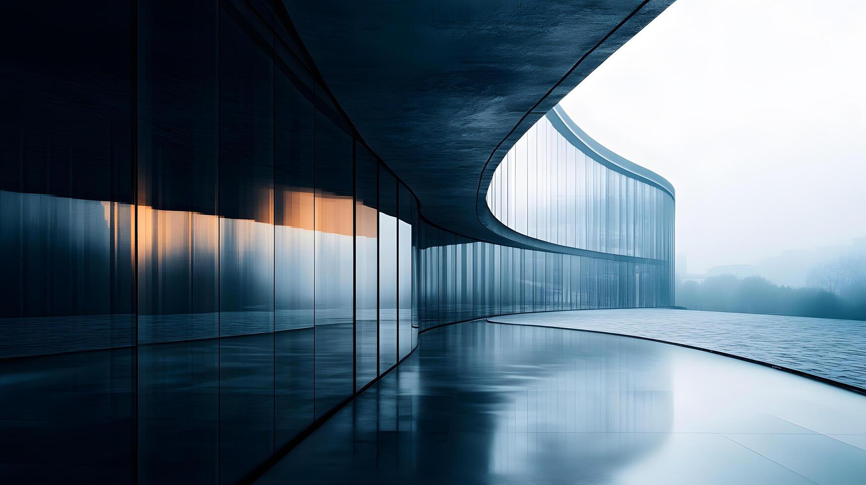 A long, curved building with many windows reflecting the sky photo