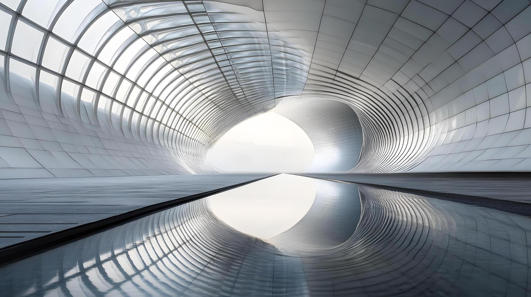 A large, empty room with a long, curved wall and a large photo