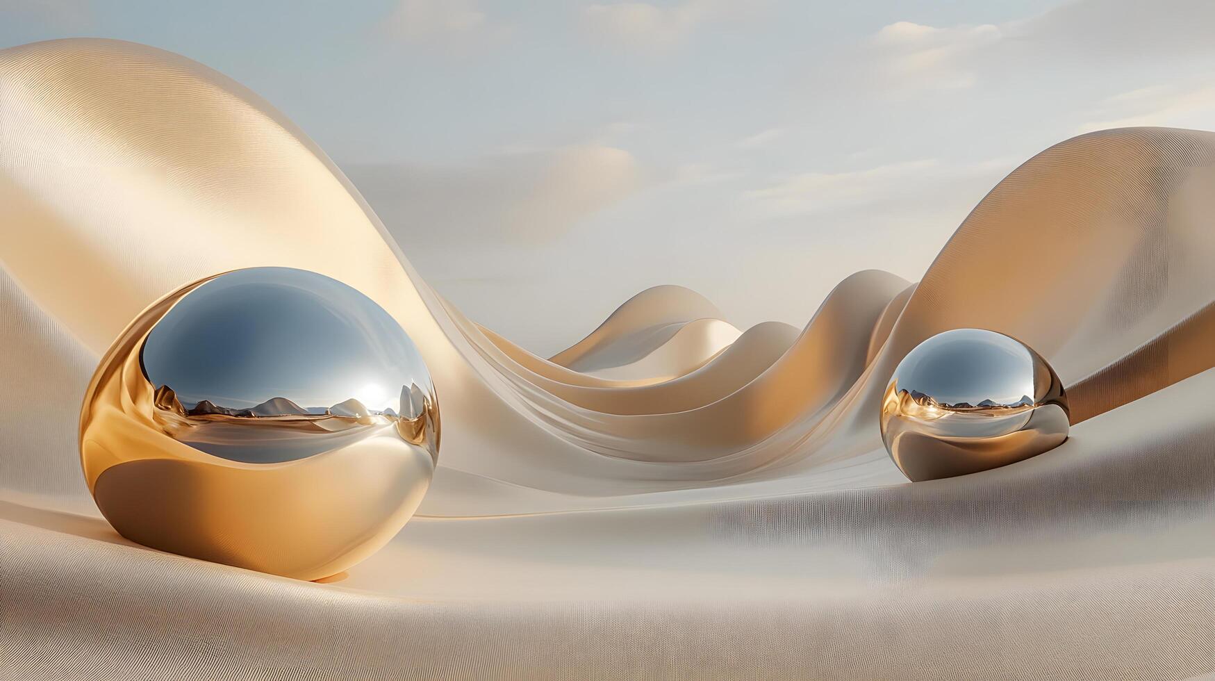 Two large, shiny, and reflective spheres on a sandy surface photo