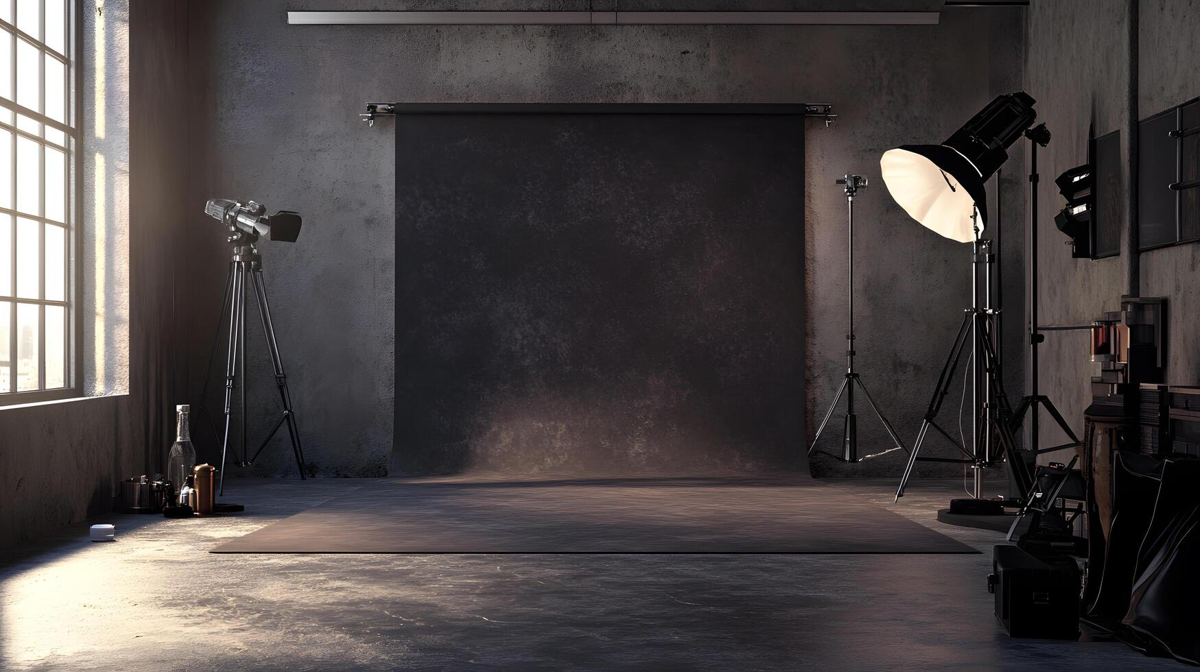 A dark room with a black backdrop and a white light photo