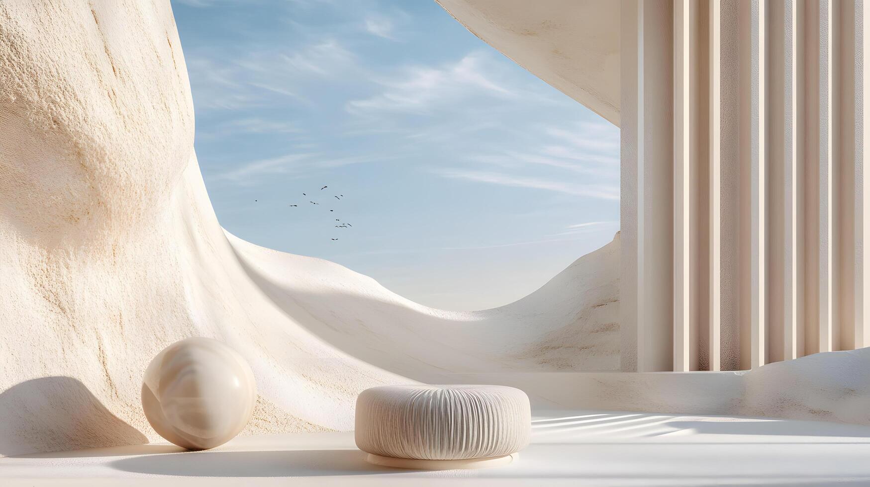 A white and grey sculpture of a person is sitting on a white rock photo