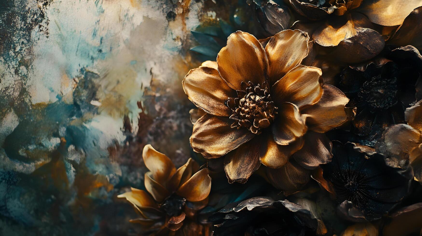 A painting of a flower with gold petals and a blue background photo