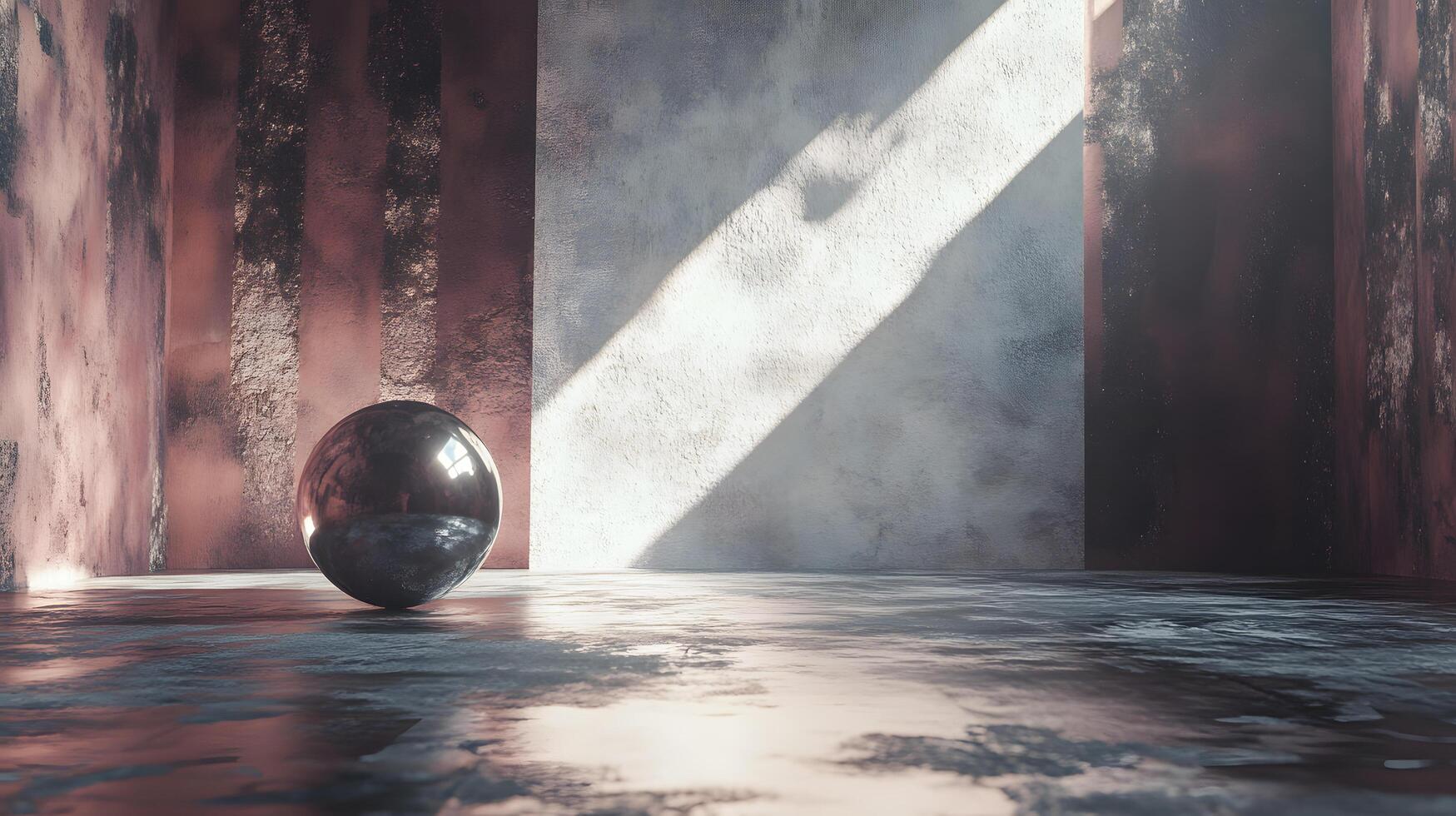 A silver ball is sitting on a wet floor in a room with a white wall photo