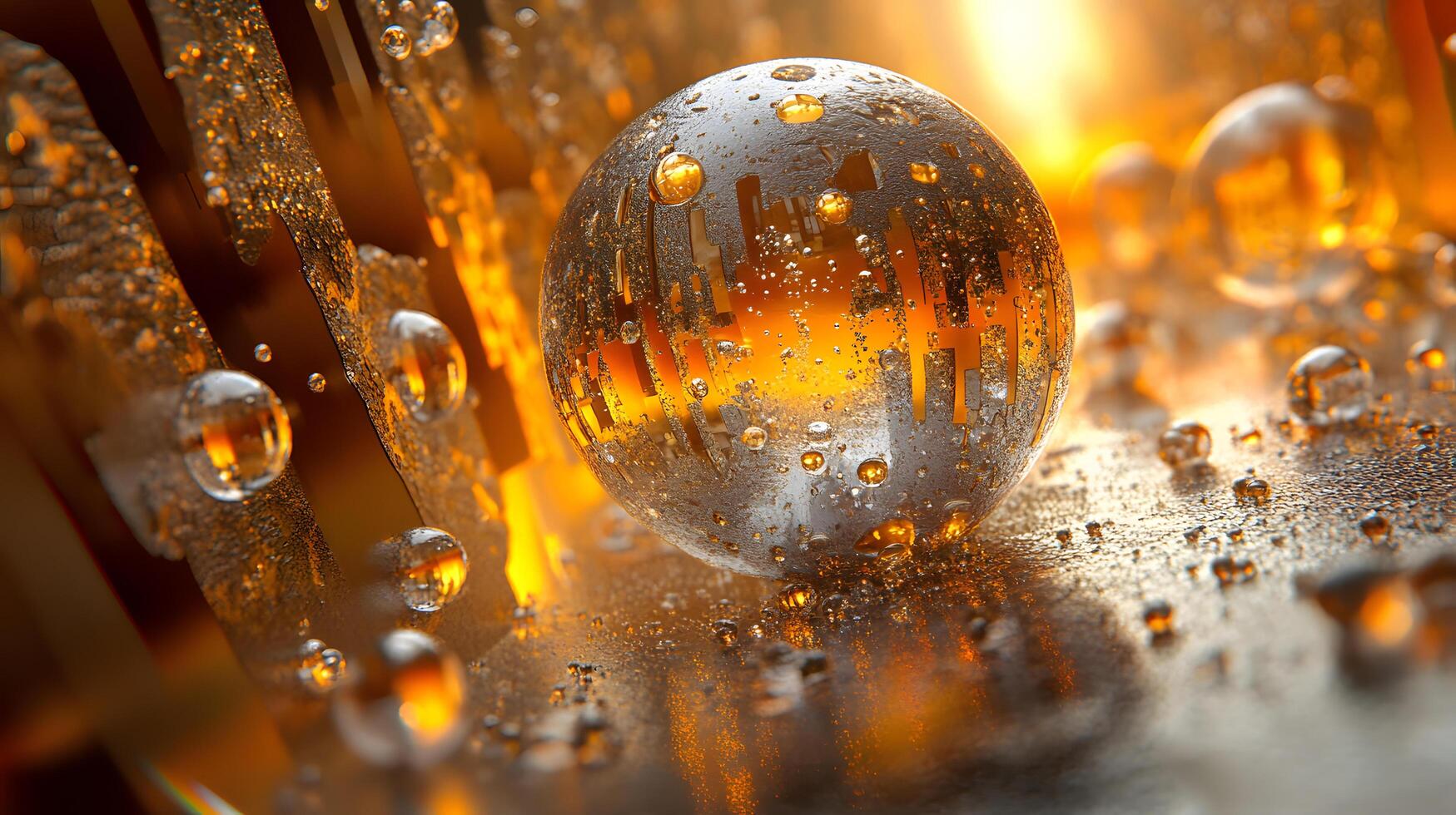 A shiny, reflective ball with a few drops of water on it photo