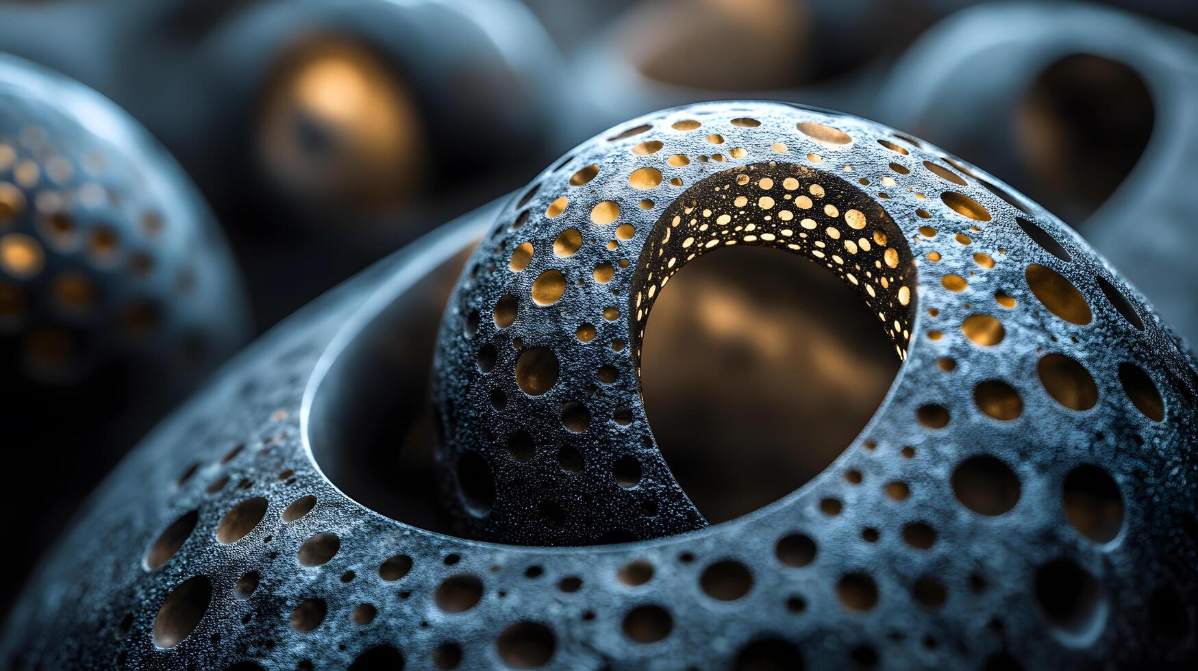 A close up of a blue and gold sphere with many holes in it photo