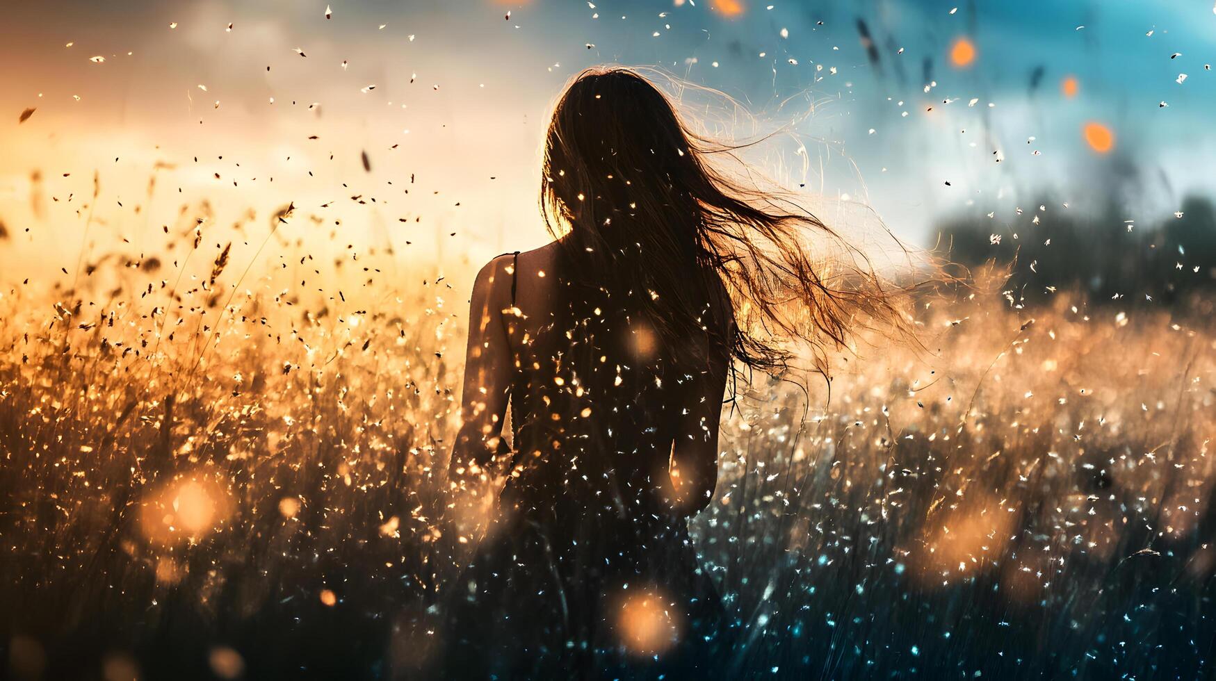 A woman is standing in a field of grass with her hair blowing in the wind photo
