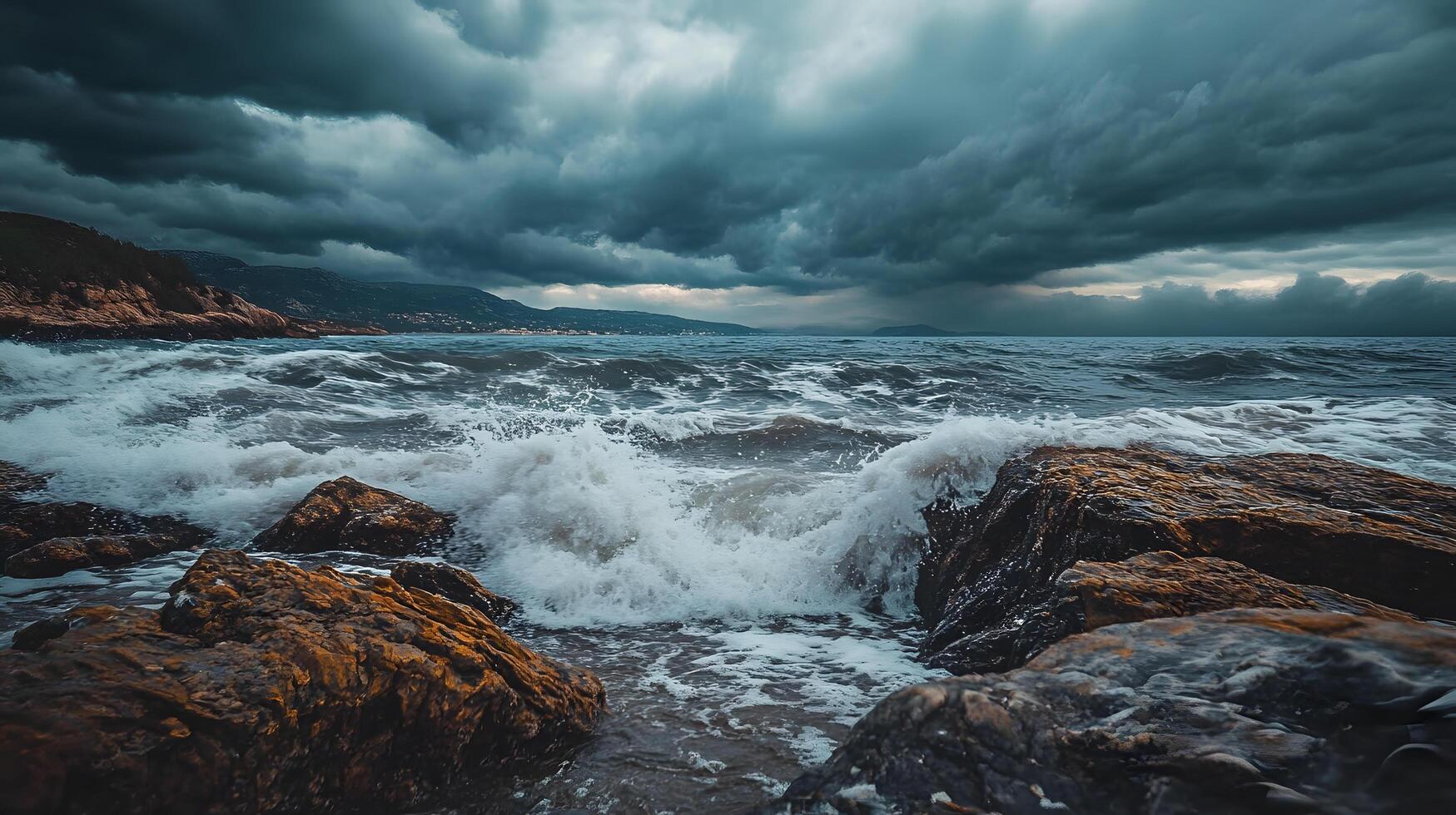 The ocean is rough and the sky is dark and cloudy photo