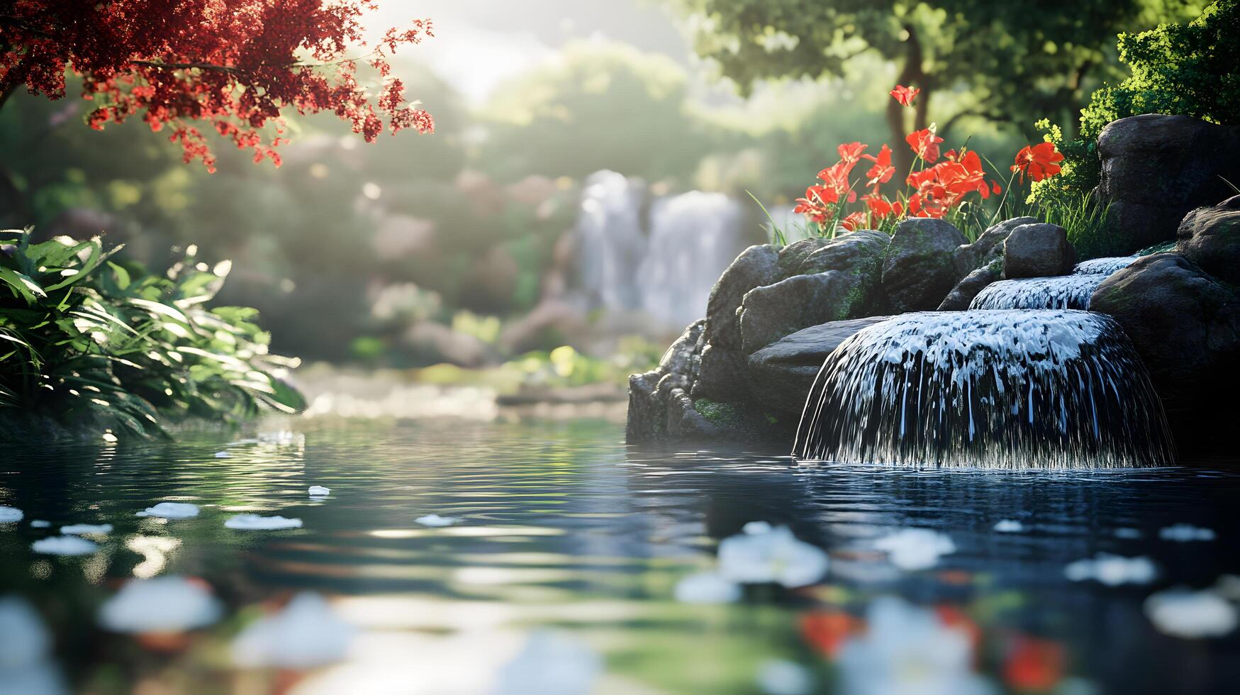 A beautiful waterfall is surrounded by a lush green forest photo