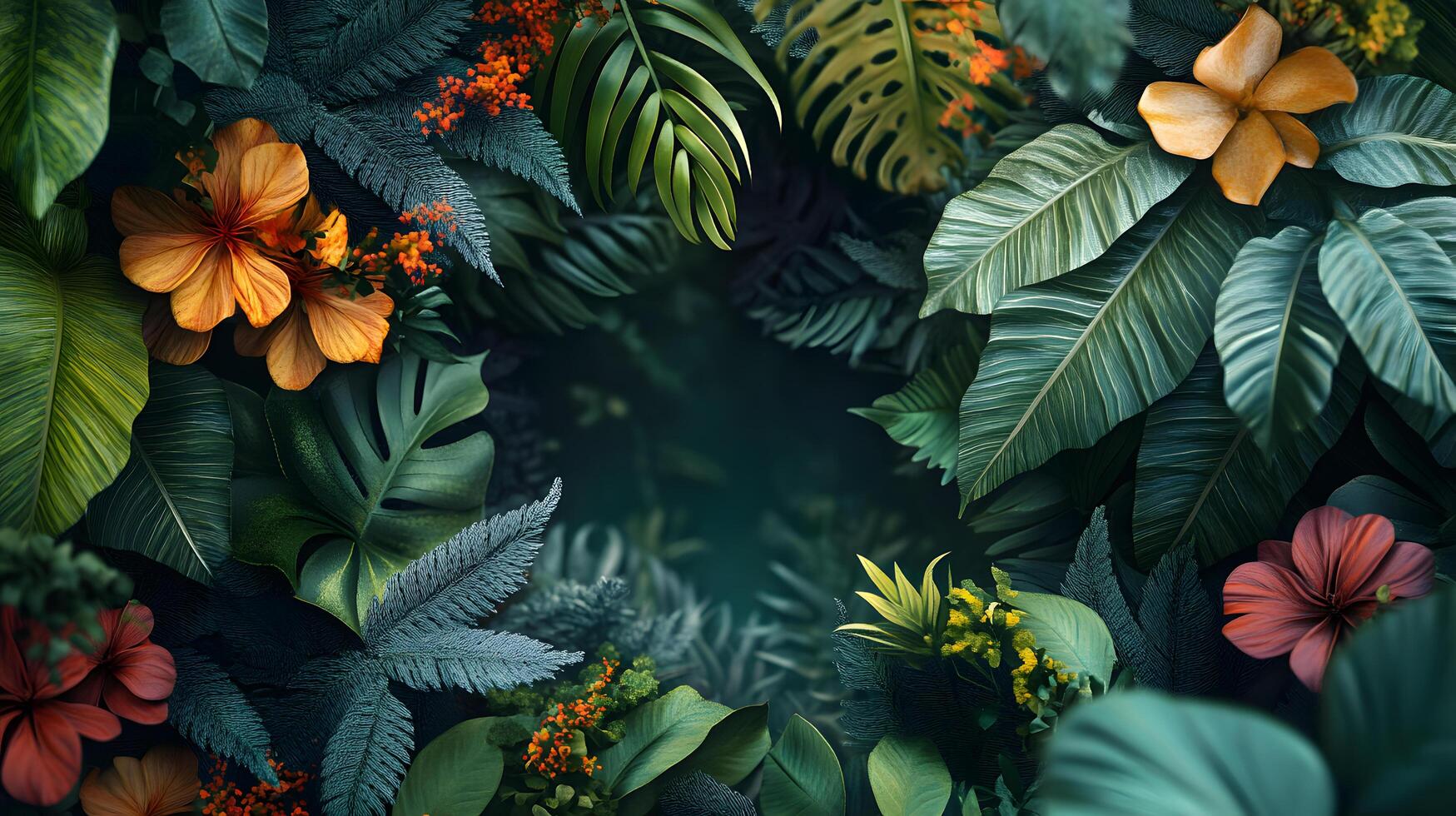 A lush green jungle with a large flower in the center photo